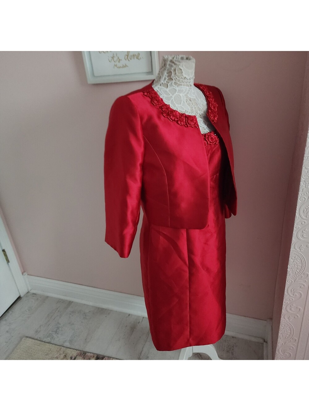 NWT Tahari Arthur S Levine Luxe 2 Pc Red Dress Jacket Set Women's 8P Rosette
